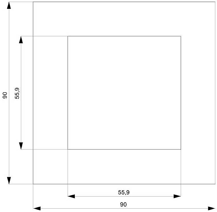 Quadratisches Diagramm mit doppelten Linienrahmen, zeigt Maße: 90 cm Breite, 55,9 cm Höhe. Maße werden durch Pfeile markiert.