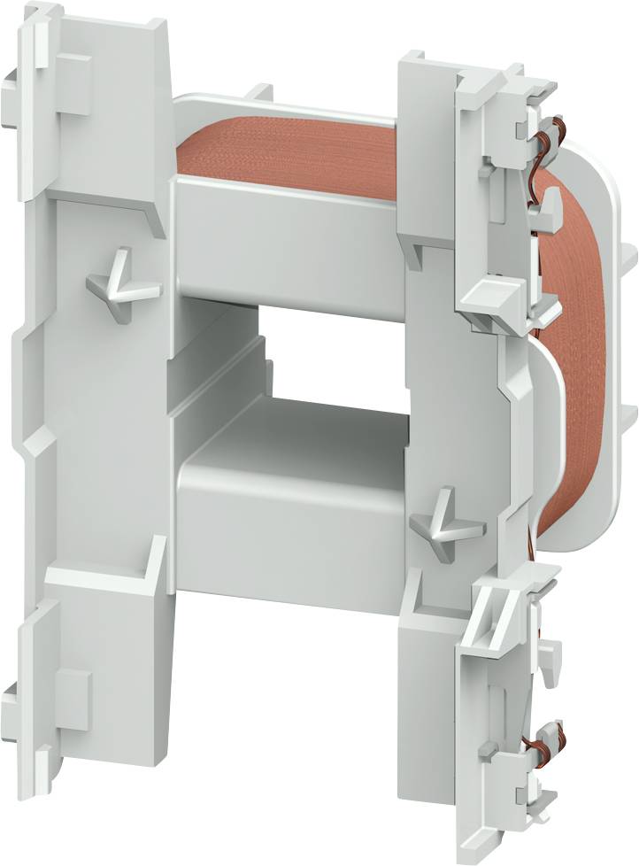 Ein grauer Kunststoff-Rahmen mit einer Spule aus rotbraunem Draht, verwendet für elektrotechnische Anwendungen.