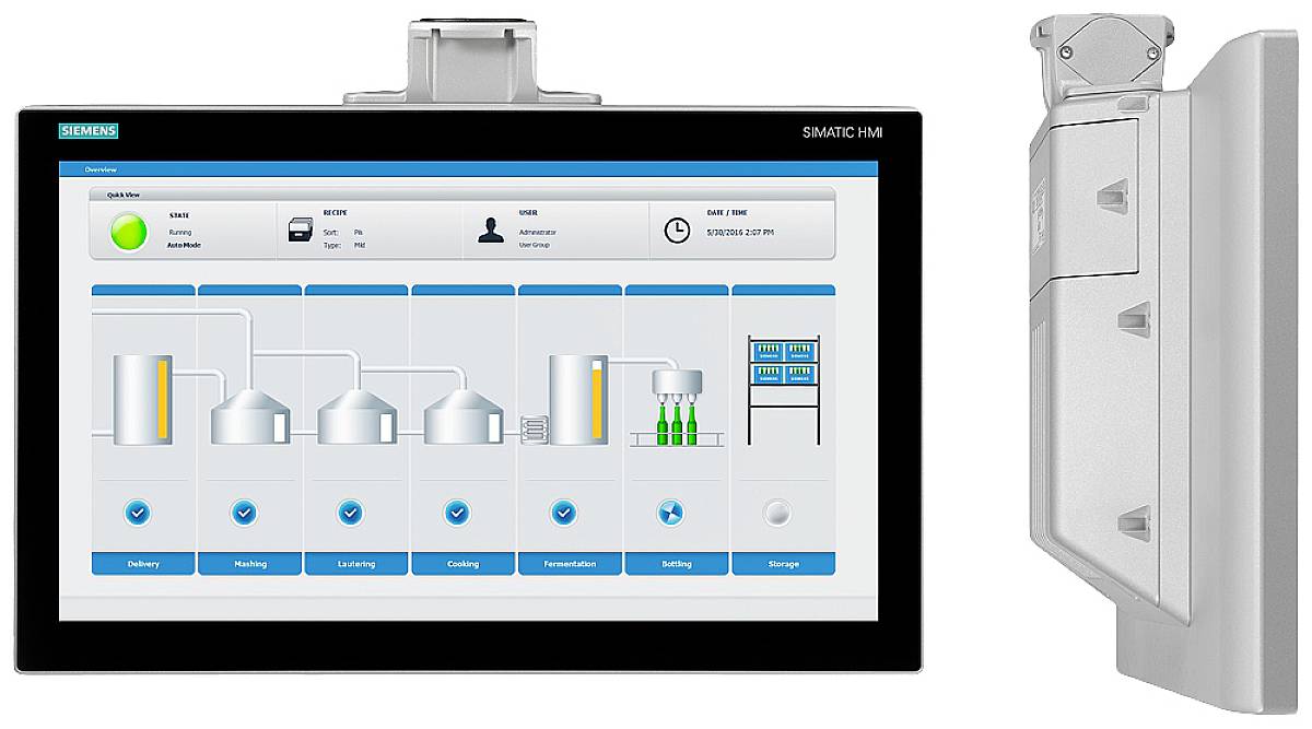 Display eines Siemens SIMATIC HMI mit Benutzeroberfläche für Prozesssteuerung, zeigt Symbole für verschiedene Produktionsphasen.