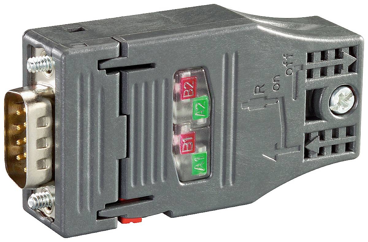 Ein graues elektrisches Adaptermodul mit Schalter und vierfarbigen LED-Anzeigen (rot und grün) für verschiedene Betriebszustände.