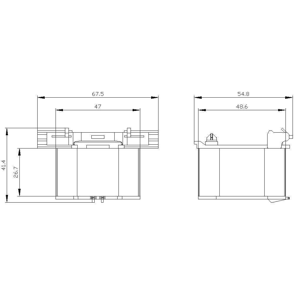 Technische Zeichnung eines Geräts mit Front- und Seitenansicht. Maße: Breite 67,5 cm, Höhe 41,4 cm, Tiefe 54,8 cm. Wesentliche Details hervorgehoben.