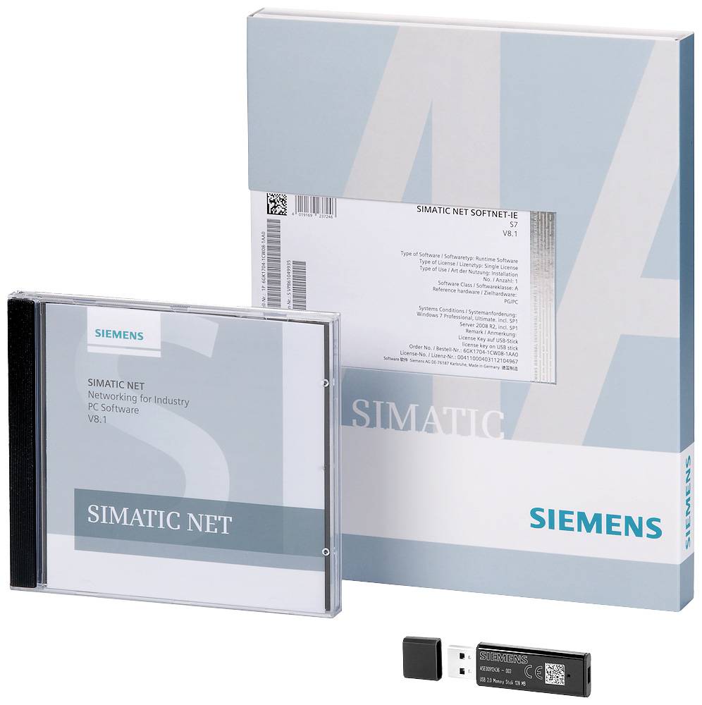 Softwarepaket von Siemens mit Verpackung, CD und USB-Stick für 'SIMATIC NET', Version V8.1. Geeignet für industrielle Netzwerklösungen.