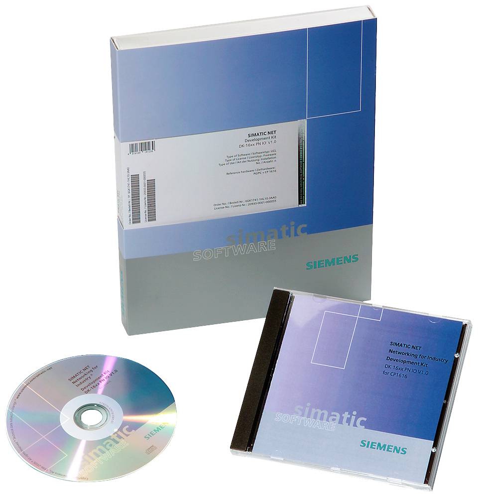 'Siemens Simatic Software', Schachtel mit CD-Hülle und CD, verpackt in blau-grauer Box. Entwurf für Industrieanwendungen.