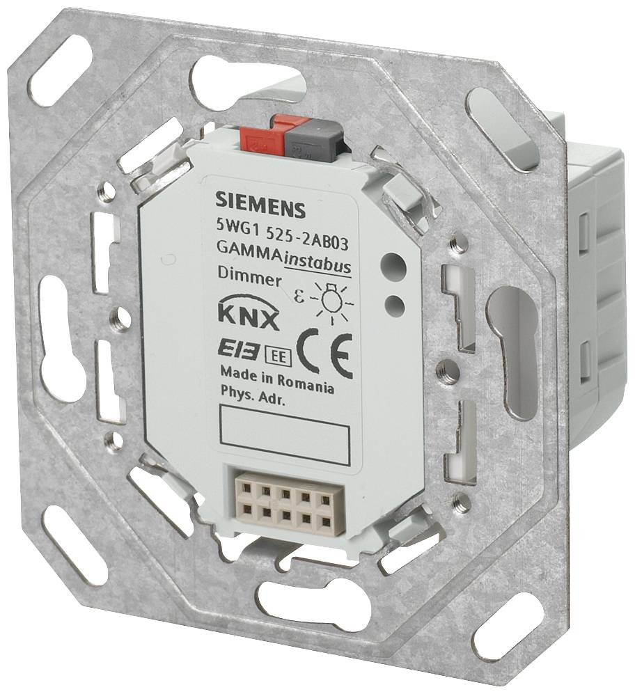 Ein KNX-Dimmer von Siemens mit Modellnummer '5WG1 525-2AB03', hergestellt in Rumänien. Der Dimmer ist silber und grau.