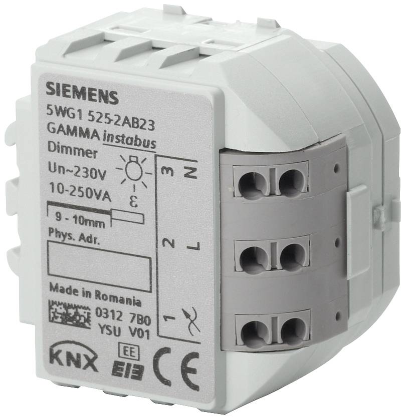 Elektrischer Dimmer der Marke Siemens, Modell Gamma instabus, für Spannungen von 10-250V, mit Anschlüssen für elektrische Verdrahtung.