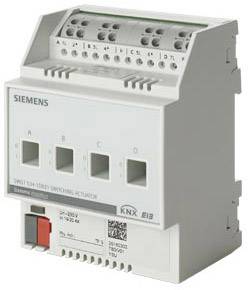 Ein Siemens-Schaltaktor mit Anschlüssen und Beschriftungen für die Steuerung elektronischer Geräte, KNX-kompatibel.