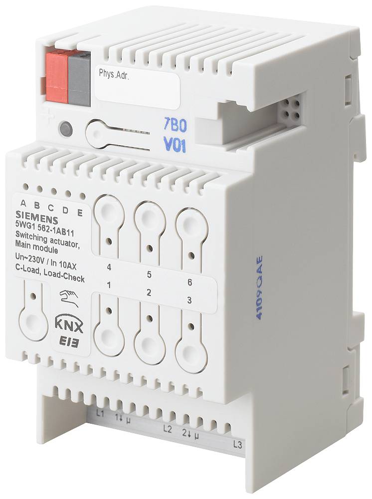 Ein weißer KNX-Schaltaktor mit der Aufschrift 'SIEMENS 5WG1 562-1AB11'. Geeignet für 230V und 10A Laststrom.
