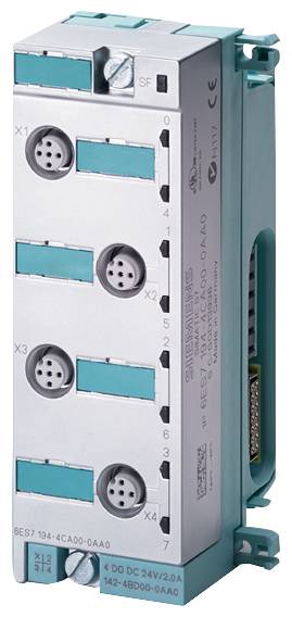 Industrielles elektronisches Gerät mit mehreren Anschlüssen und Schaltern, silbern und türkisfarben, zur Steuerung elektronischer Systeme.