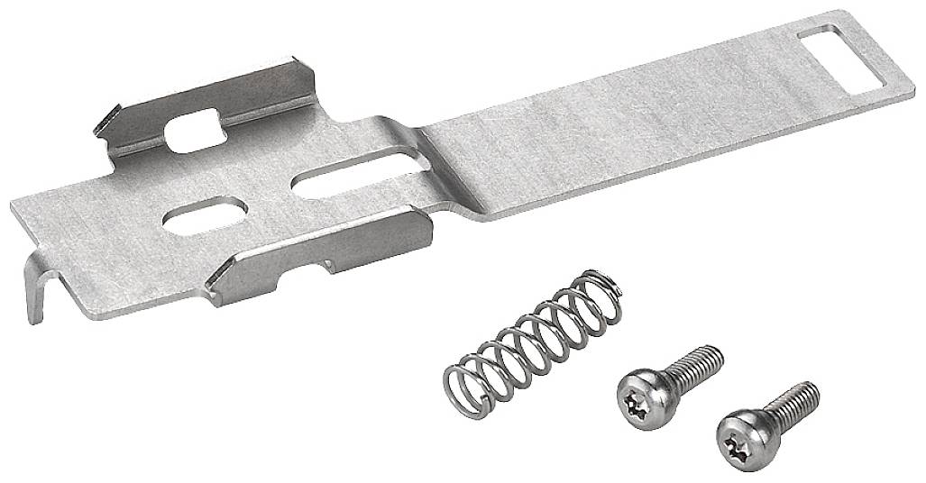 Metallklammer mit zwei Schrauben und einer Feder, wahrscheinlich als Befestigungselemente verwendet.
