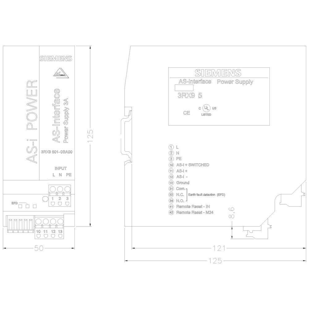 Technische Zeichnung eines Siemens AS-Interface Power Supply 3RX9 505. Zeigt Anschlüsse, Maße und Schaltplan.