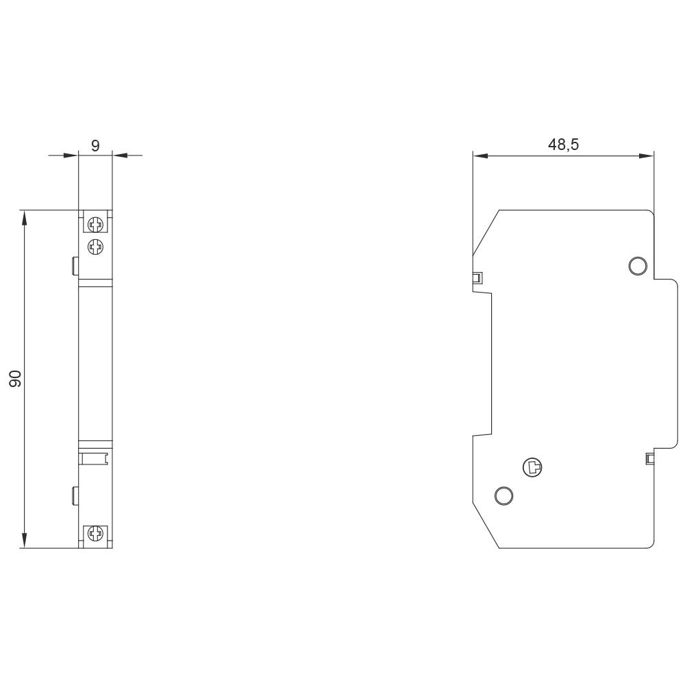 Technische Zeichnung eines rechteckigen Bauteils mit Maßen: Höhe 90 mm, Breite 9 mm und Tiefe 48,5 mm. Seitenansicht und Frontansicht gezeigt.