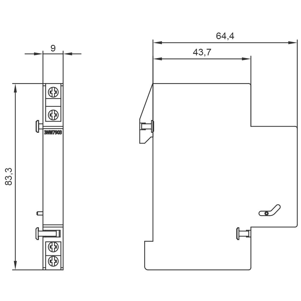 Technische Zeichnung eines Schaltmoduls mit Seiten- und Vorderansicht. Maße sind 83,3 mm hoch, 9 mm breit, 64,4 mm tief.