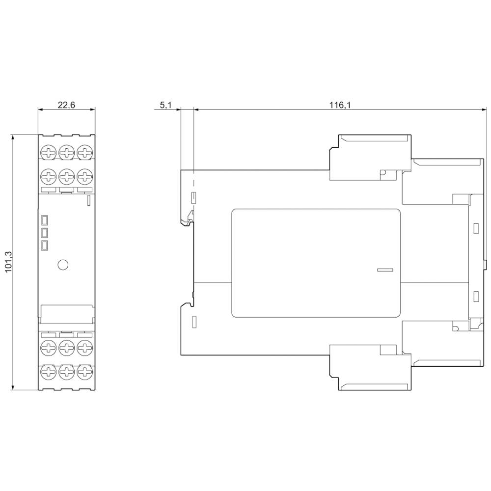 Technische Zeichnung eines rechteckigen elektrischen Moduls mit Abmessungen: Breite 22,6 mm, Höhe 101,3 mm, Länge 116,1 mm. Anschlüsse seitlich.