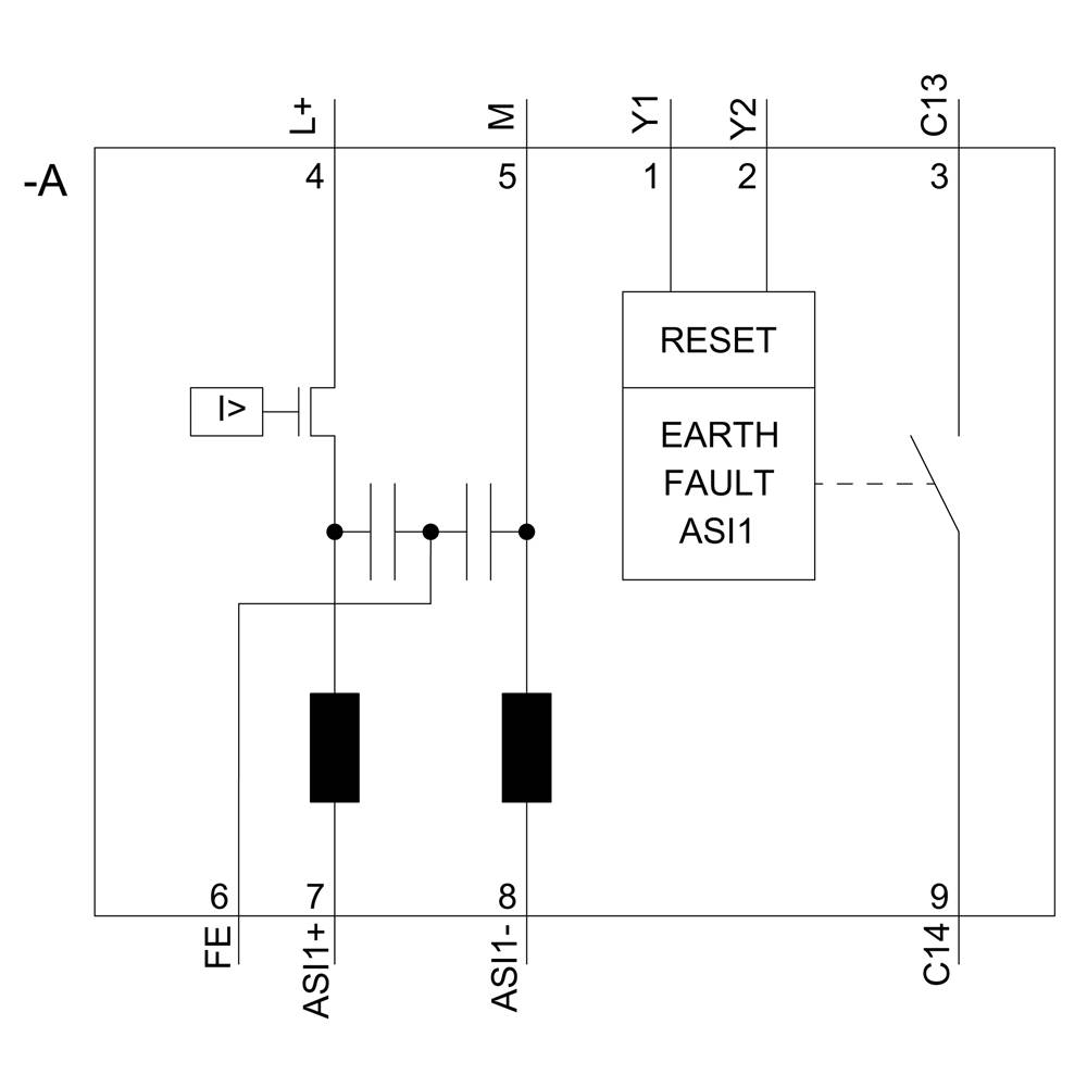 Elektrischer Schaltplan zeigt Reset- und Erdschluss-Mechanismus. Hauptleitungen L+ und M verbinden mit RESET und EARTH FAULT ASI1.