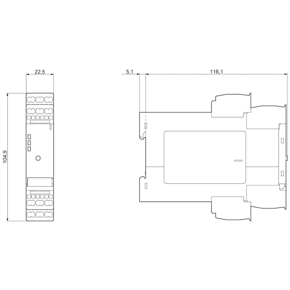 Technische Zeichnung eines rechteckigen Bauteils mit Maßen: 104,9mm Höhe, 22,5mm Breite, 116,1mm Länge. Front- und Seitenansicht.