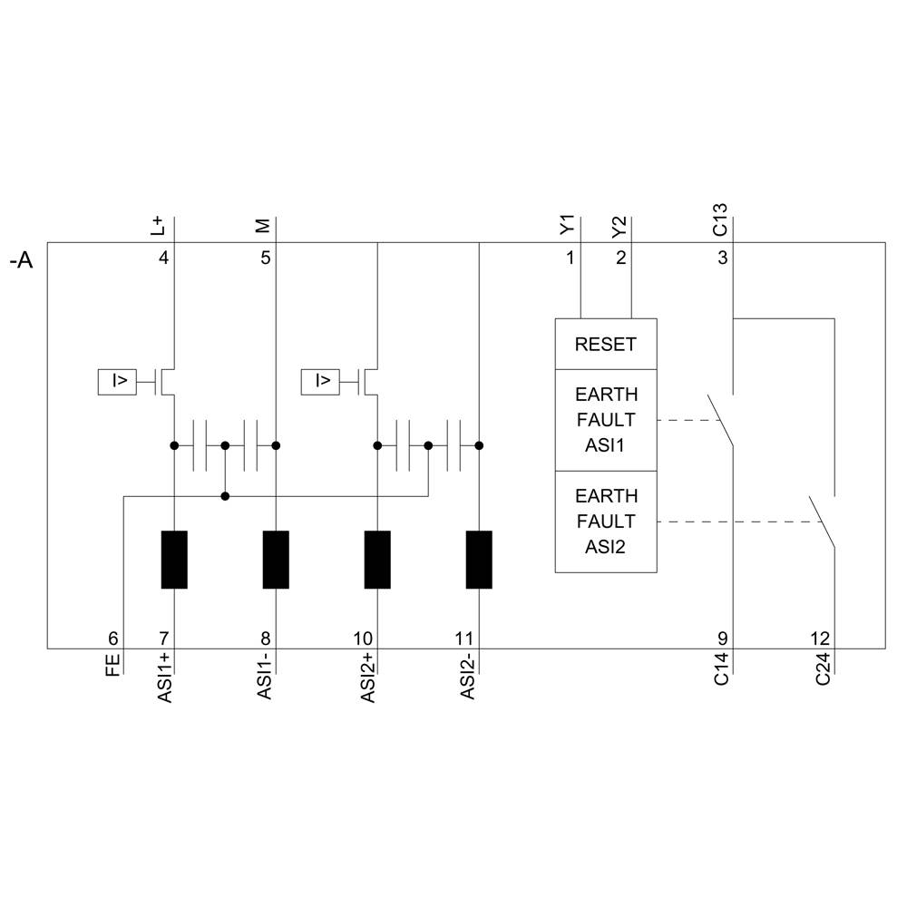 Diagramm zur Erdschlusserkennung. Zeigt Stromkreise und Schalter mit Markierungen für 'RESET', 'ERDUNG', 'ASi1' und 'ASi2'.