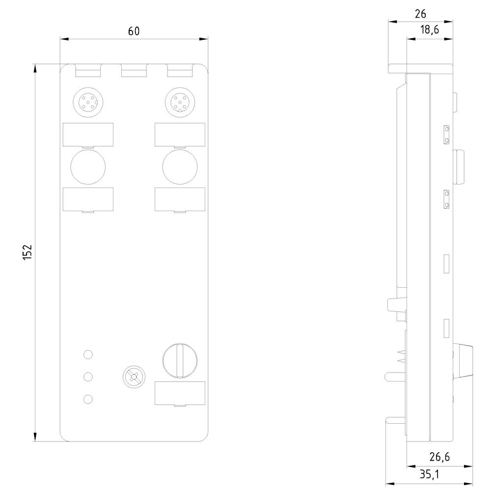 Technische Zeichnung eines rechteckigen Geräts mit Abmessungen: 152 mm hoch, 60 mm breit, 26 mm tief. Zeigt Ansichten von vorne und der Seite.