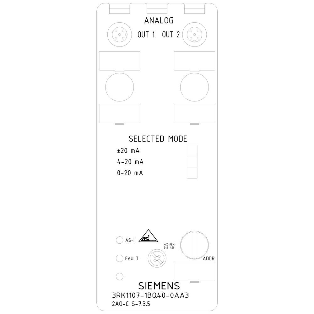 Analogmodul von Siemens mit zwei Ausgängen, drei Einstellmodi: ±20 mA, 4-20 mA, 0-20 mA. Anzeige für AS-i, Fehler und Adressierschalter.