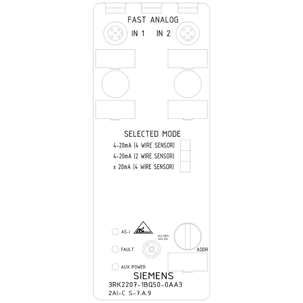 Tafel eines Siemens-Geräts mit Anzeige für Fast-Analog, ausgewähltem Modus Sensoren und Steuerungsstatus. Modell 3RK2207-1BQ50-0AA3.