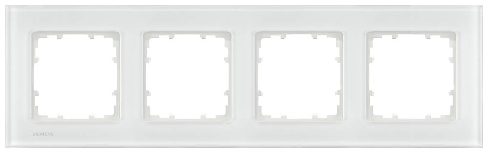 'Siemens' Vierfach-Rahmen aus weißem Kunststoff zur Reihenschaltung von vier Schalt- oder Steckdosenelementen in einem eleganten Design.