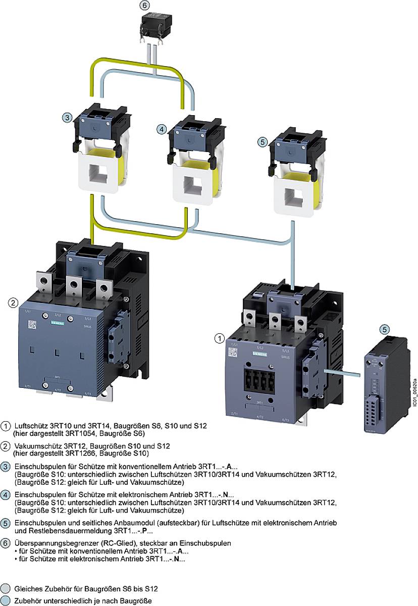 Schaltplan für ein elektrisches System mit verschiedenen Schützen und Bauteilen. Verbindungslinien zeigen die elektrische Verkabelung.