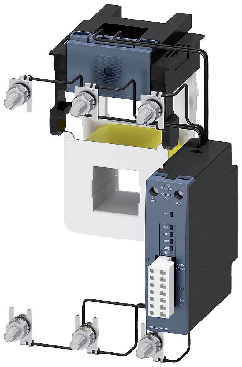 Ein Differenzstrom-Überwachungsmodul mit zugehörigem Sensor. Zeigt den Anschluss der Drähte und die Platzierung von Sensor und Modul.