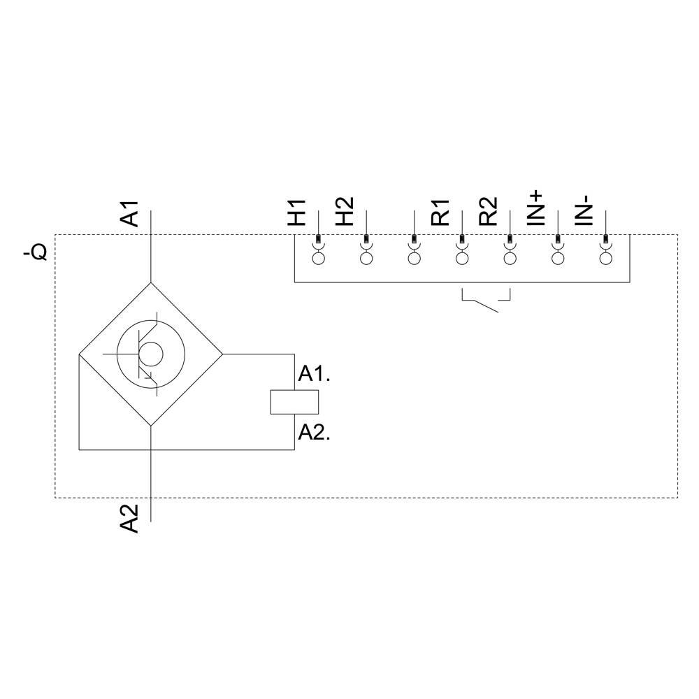 Schaltplan eines elektrischen Geräts mit sechs Anschlussklemmen und einem Transformator. Anschlüsse sind mit H1, H2, R1, R2, IN+, IN- beschriftet.