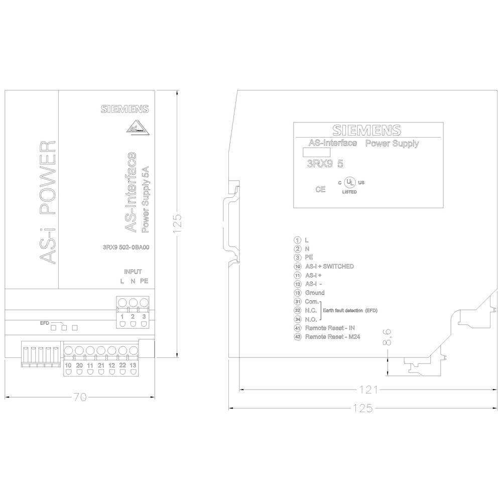 Technische Zeichnung eines Siemens AS-i Power Supplies. Zeigt Vorder- und Seitenansicht mit Anschlussdetails und Abmessungen.