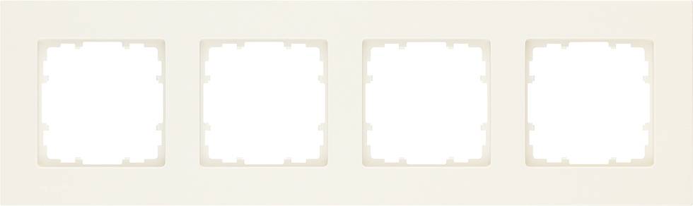 Vierfachrahmen aus weißem Kunststoff zur Wandmontage von Schaltern oder Steckdosen.