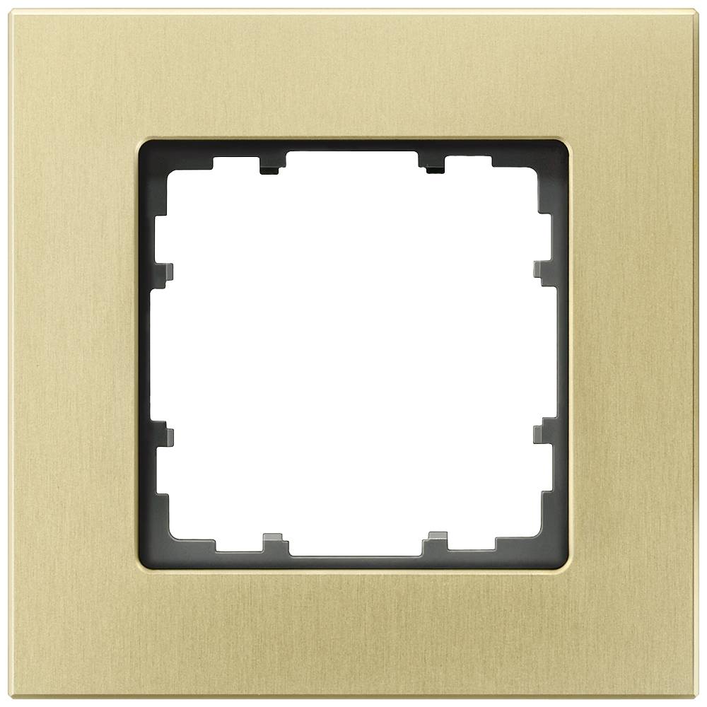 Ein quadratischer, goldfarbener Schalterrahmen mit leerer Mitte, geeignet für Lichtschalter oder Steckdosen.