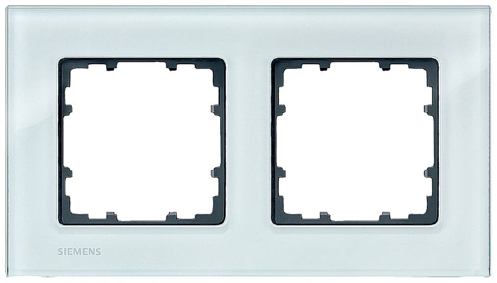 Doppelrahmen aus Glas, geeignet für zwei Schalter oder Steckdosen, mit schlichtem Design und dem Markennamen 'Siemens' unten links.