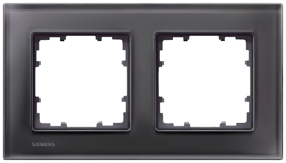 Zweifach-Rahmen für Schalter oder Steckdosen, dunkelgrau, rechteckig, mit Platz für zwei Einsätze. Oben links der Name des Herstellers.