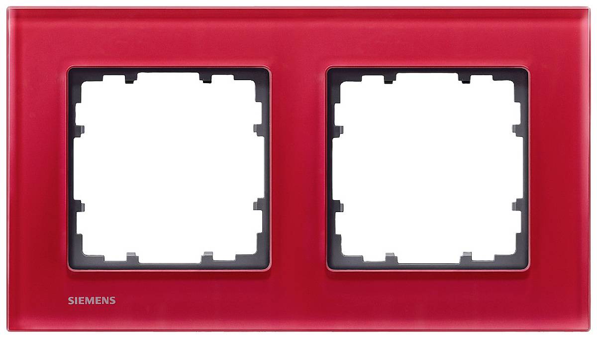 Zweifache, leuchtend rote Steckdosenabdeckung von Siemens ohne installierte Steckdosen, rechteckige Form.