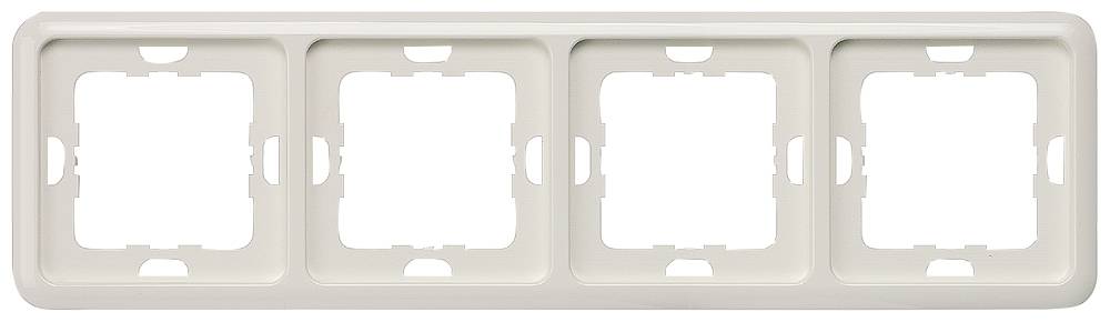 Vierfache weiße Rahmenleiste zur Wandmontage, geeignet für Schalter oder Steckdosen, rechteckig und schlichtes Design.