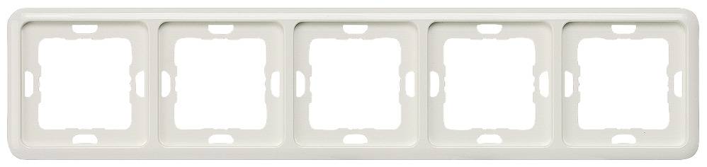 Fünffach-Rahmen in weiß für Steckdosen oder Schalter, rechteckig und leer, zur Montage in einer Wand.