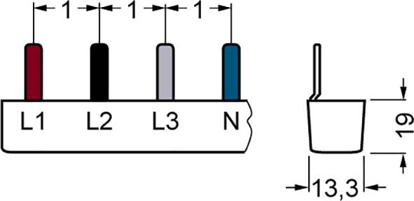 Eine schematische Zeichnung zeigt einen Anschlussblock mit vier Klemmen (L1, L2, L3, N) in unterschiedlichen Farben und Abmessungen.