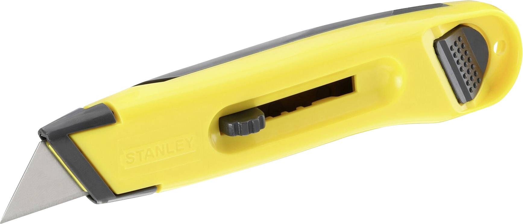 Gelber Universalmesser mit schwarzem Griff, scharfem, ausfahrbarem Klingenmechanismus und gummierter Daumenauflage.