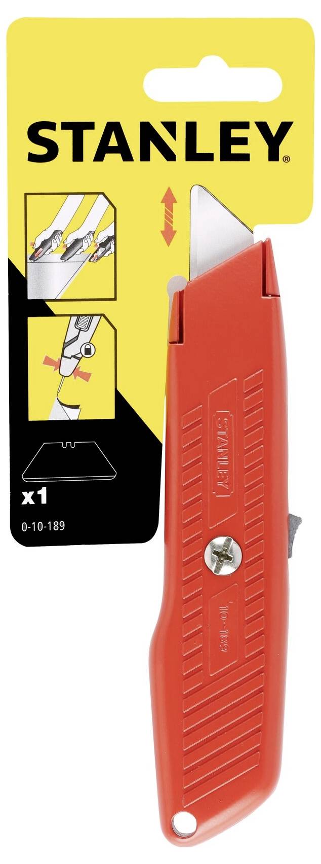 Ein rotes Stanley-Cuttermesser mit ausfahrbarer Klinge. Die Verpackung zeigt eine Anleitung zur Klingenverstellung und das Markenzeichen.