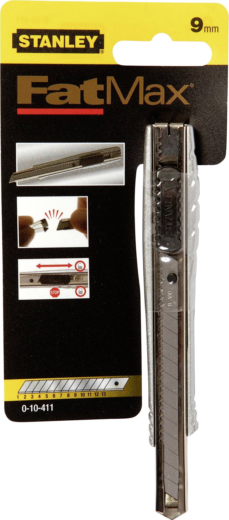 Verpackung eines Stanley FatMax Cuttermessers mit 9mm Klinge. Fotos zeigen Bedienungsanleitung zur Klingenverstellung und Sicherheitshinweise.