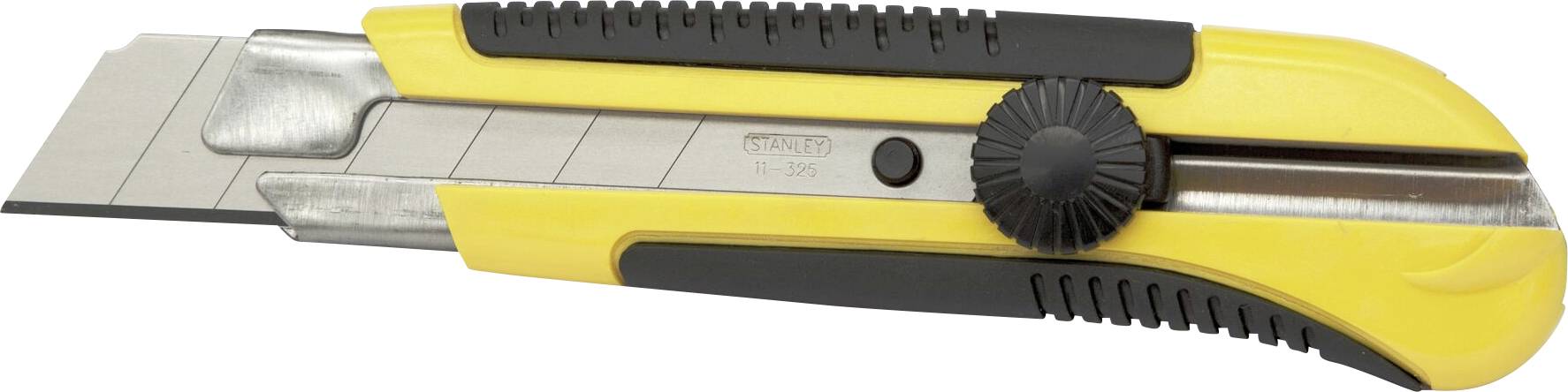 Ein gelbes, einziehbares Universalmesser mit schwarzem Griff und Klingenverriegelung, auf weißem Hintergrund.