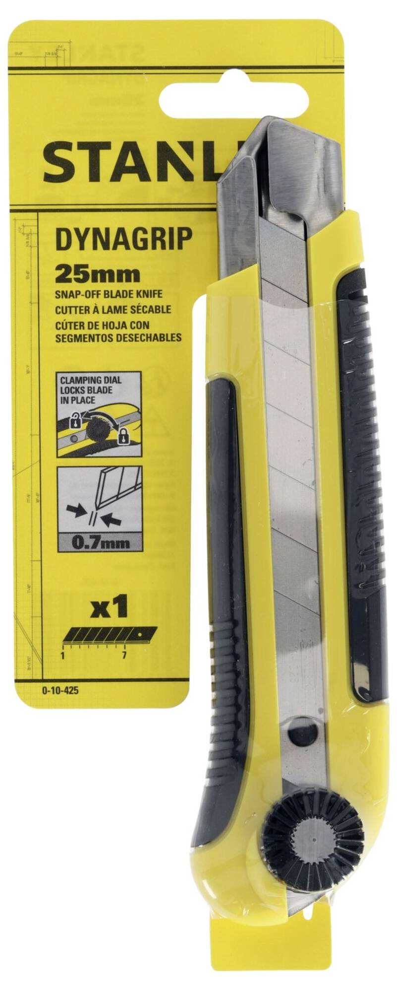 Gelbes Universalmesser mit einem schwarzen Griff. Verpackungstext: 'STANLEY DYNAGRIP 25mm, Snap-Off Blade Knife'.
