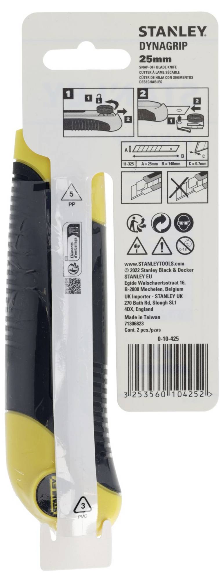 Verpackung eines Cuttermessers von Stanley mit Sicherheits- und Bedienungshinweisen auf der Rückseite, Klinge 25 mm.