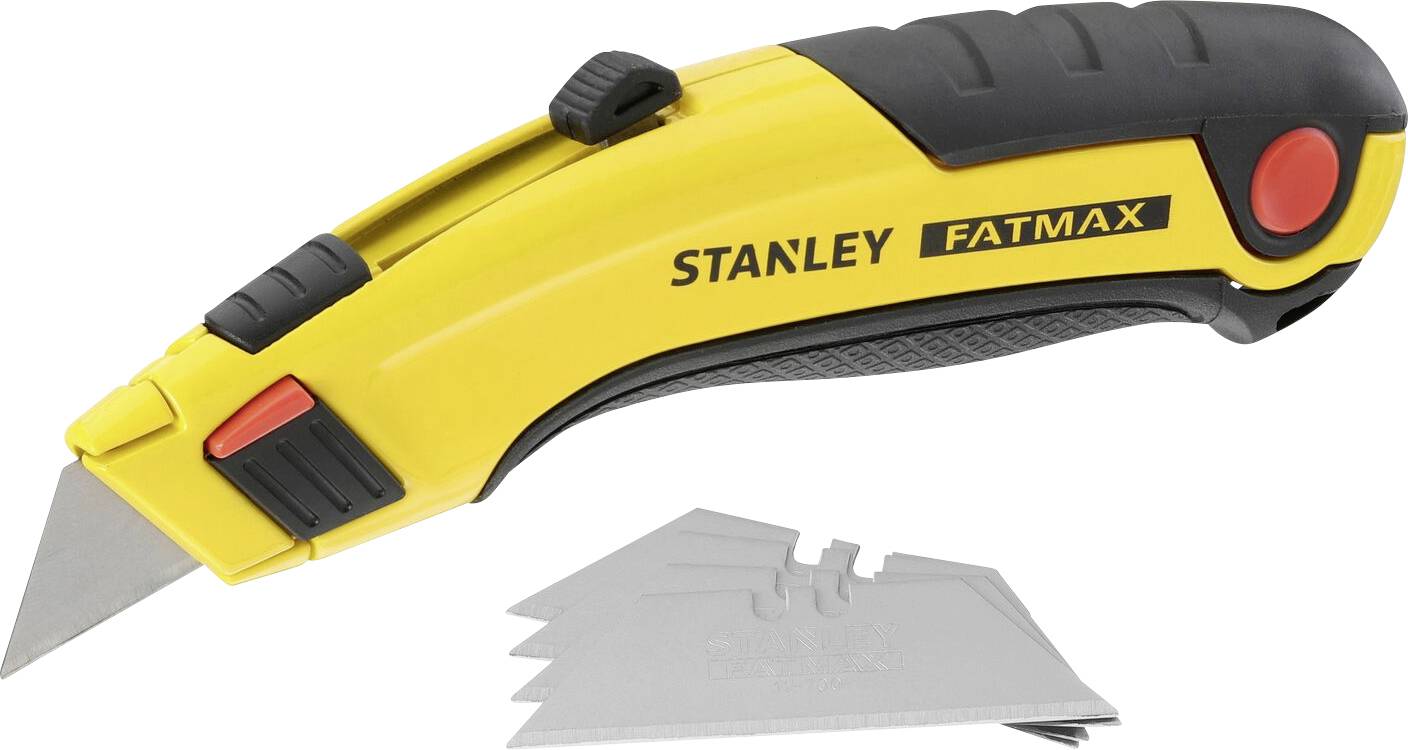 Ein gelbes Stanley FatMax Cuttermesser mit schwarzem Griff und rotem Knopf, daneben liegen Ersatzklingen.