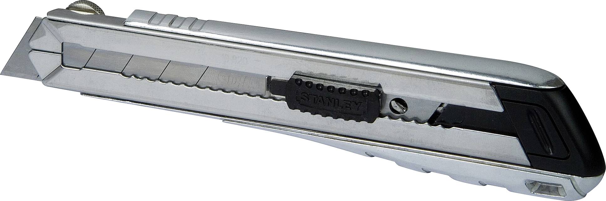 Metallischer Teppichmesser mit schwarzem Griff, austauschbarer Klinge und Mechanismus zur Längenanpassung der Klinge.