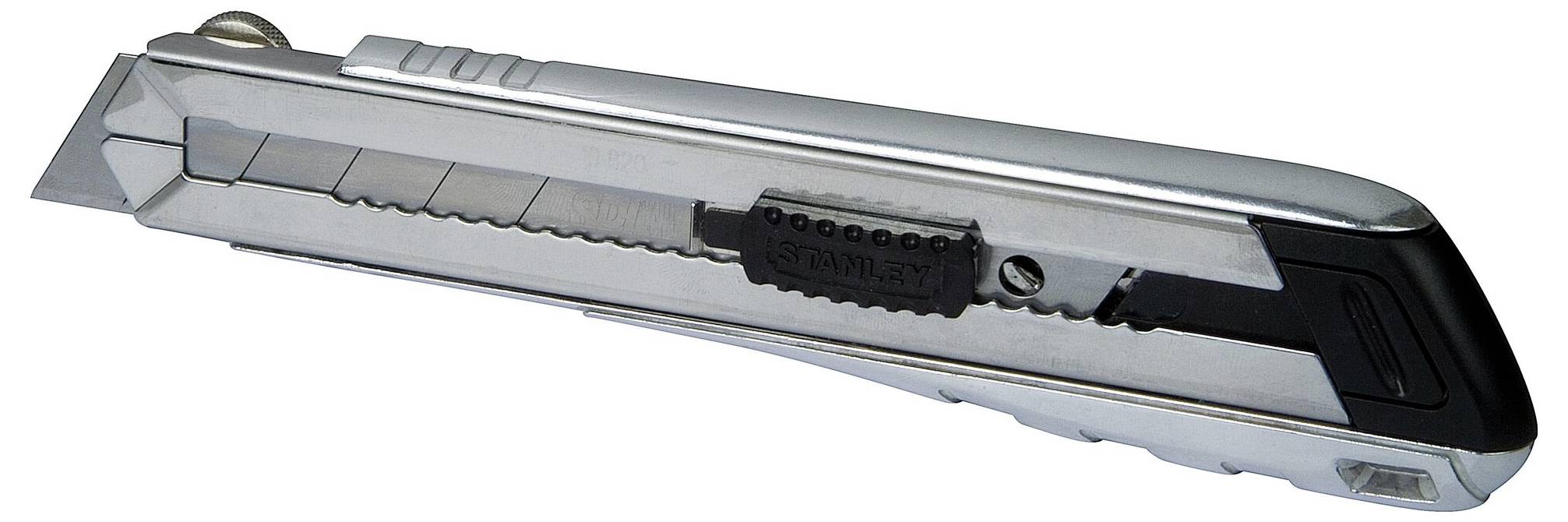 Silberfarbenes Teppichmesser mit einziehbarer Klinge und schwarzem Griff.