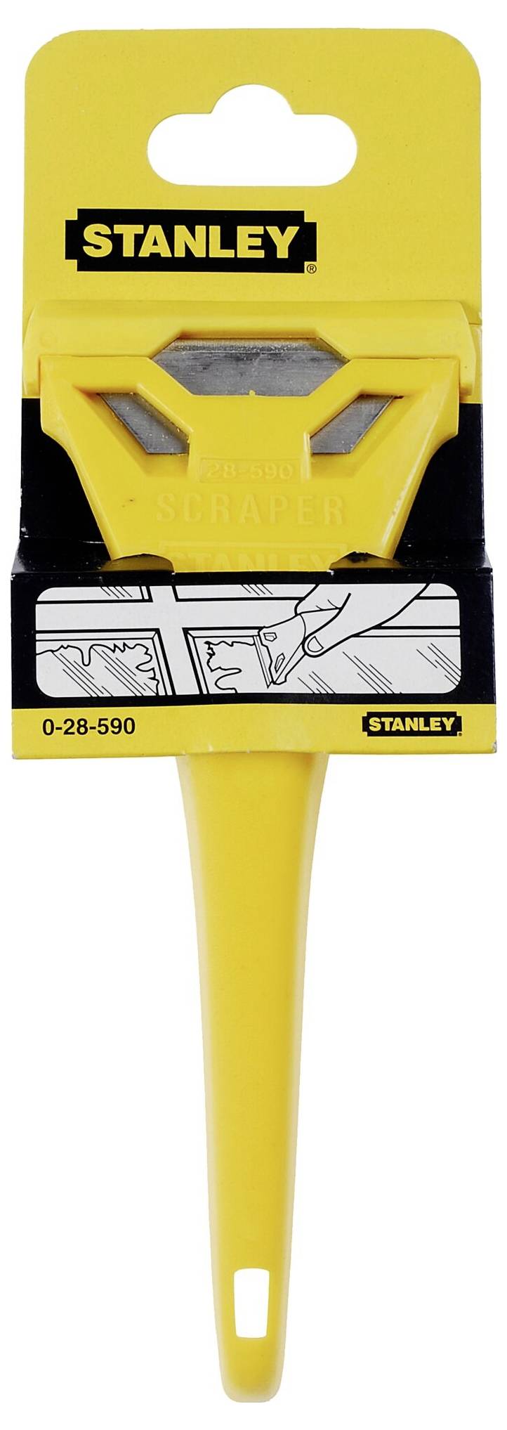 'Stanley' Farbschaber, gelb mit Sicherheitsgriff, in Verpackung. Anwendungsdiagramm und Seriennummer '0-28-590' auf der Verpackung.