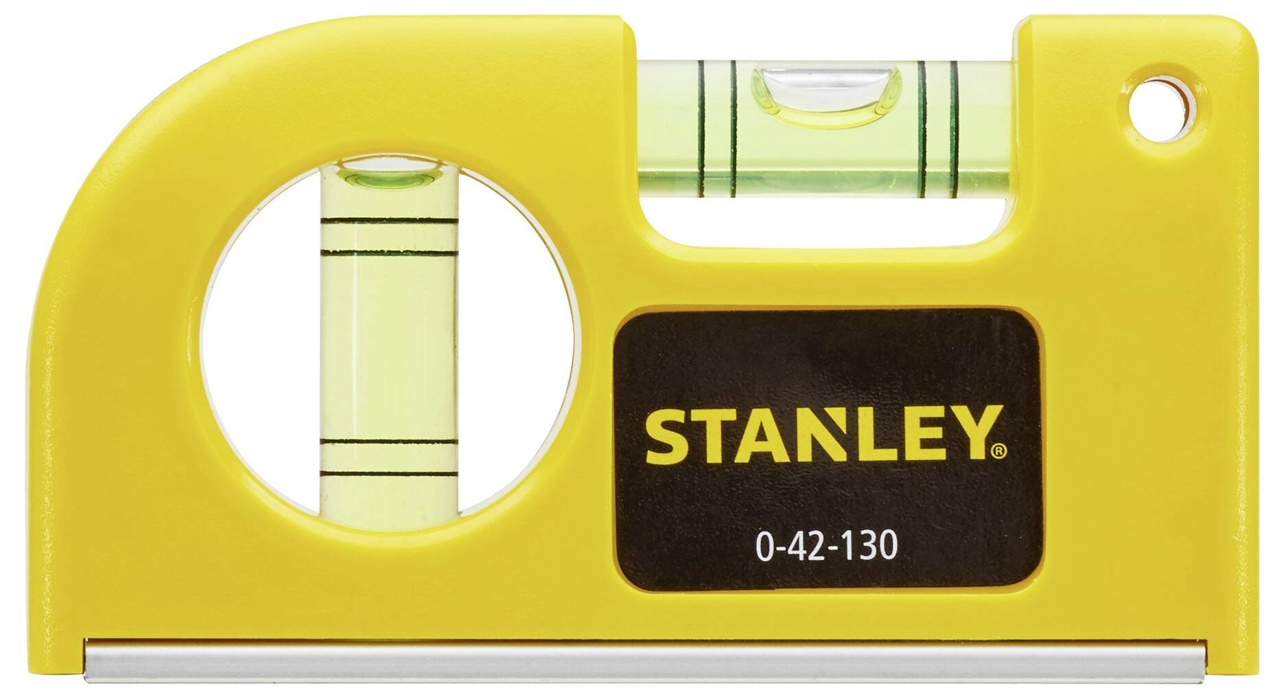 Gelbe Wasserwaage mit zwei Libellen, 'STANLEY' Logo und Modellnummer '0-42-130' auf schwarzem Hintergrund, rechteckige Form.