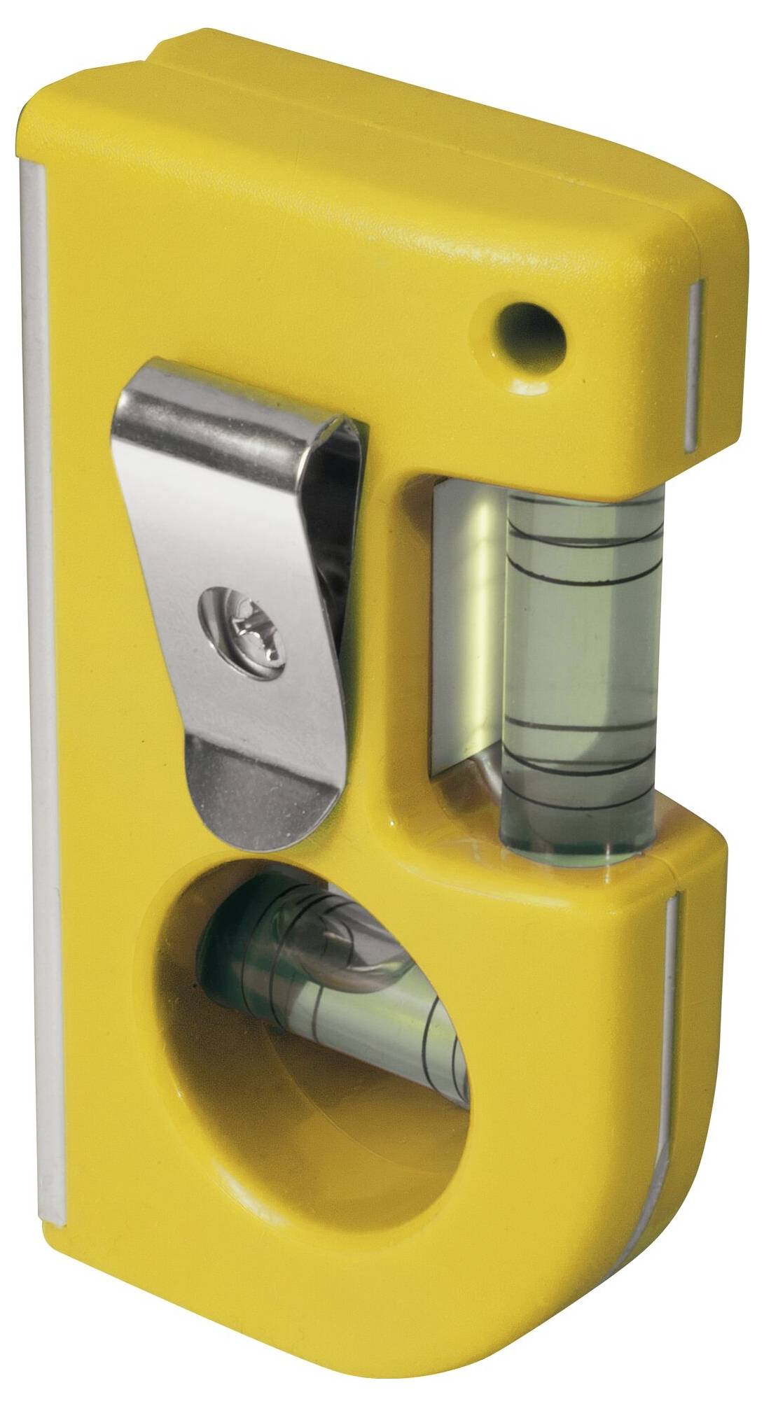 Gelbe Mini-Wasserwaage mit Metallklammer und horizontaler Libelle, verwendet zur Ausrichtung von Oberflächen.