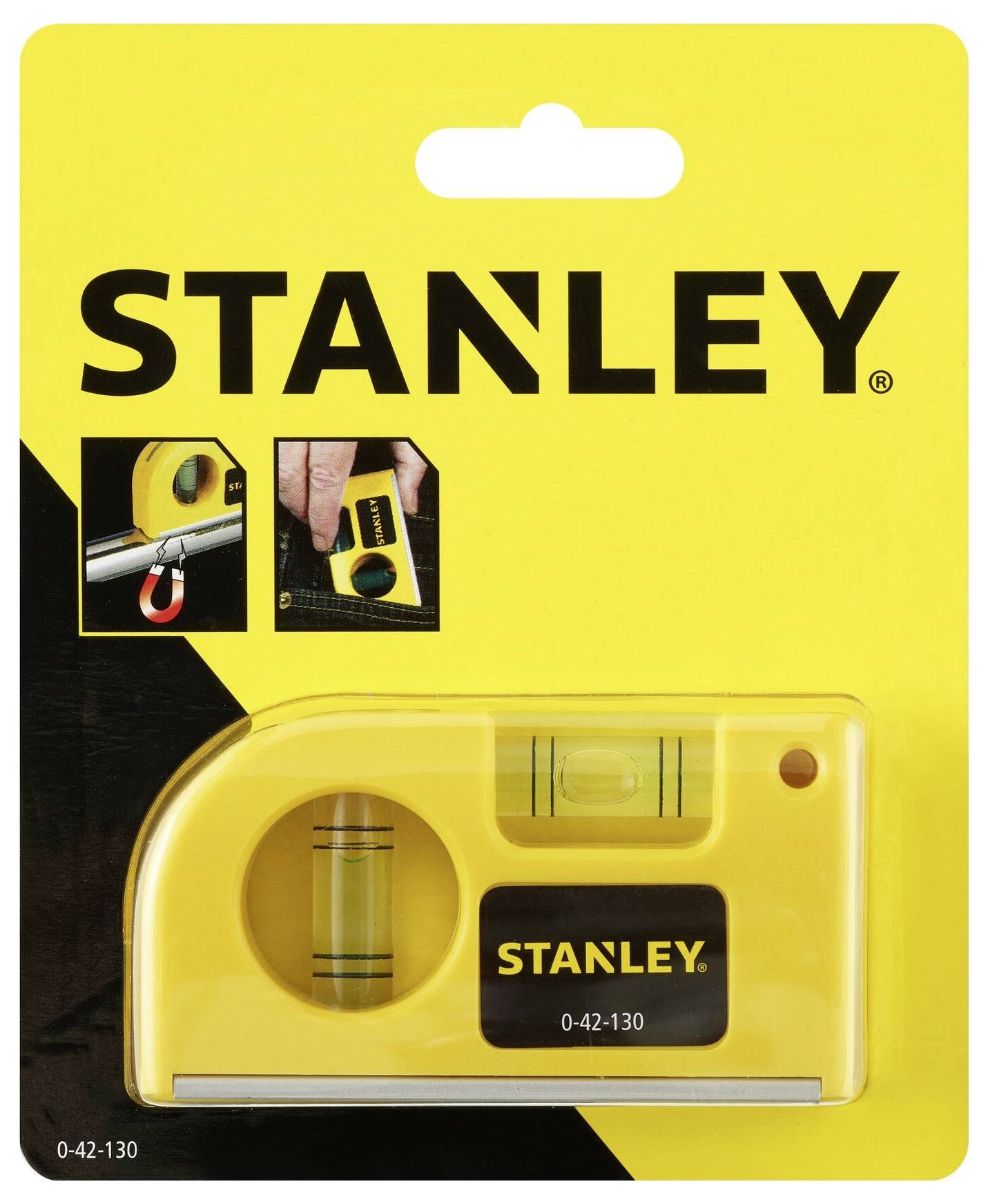 'Stanley Taschenwasserwaage' in gelber Verpackung mit schwarzem Logo, mit Nivellierlibelle, geeignet für präzise Messaufgaben.