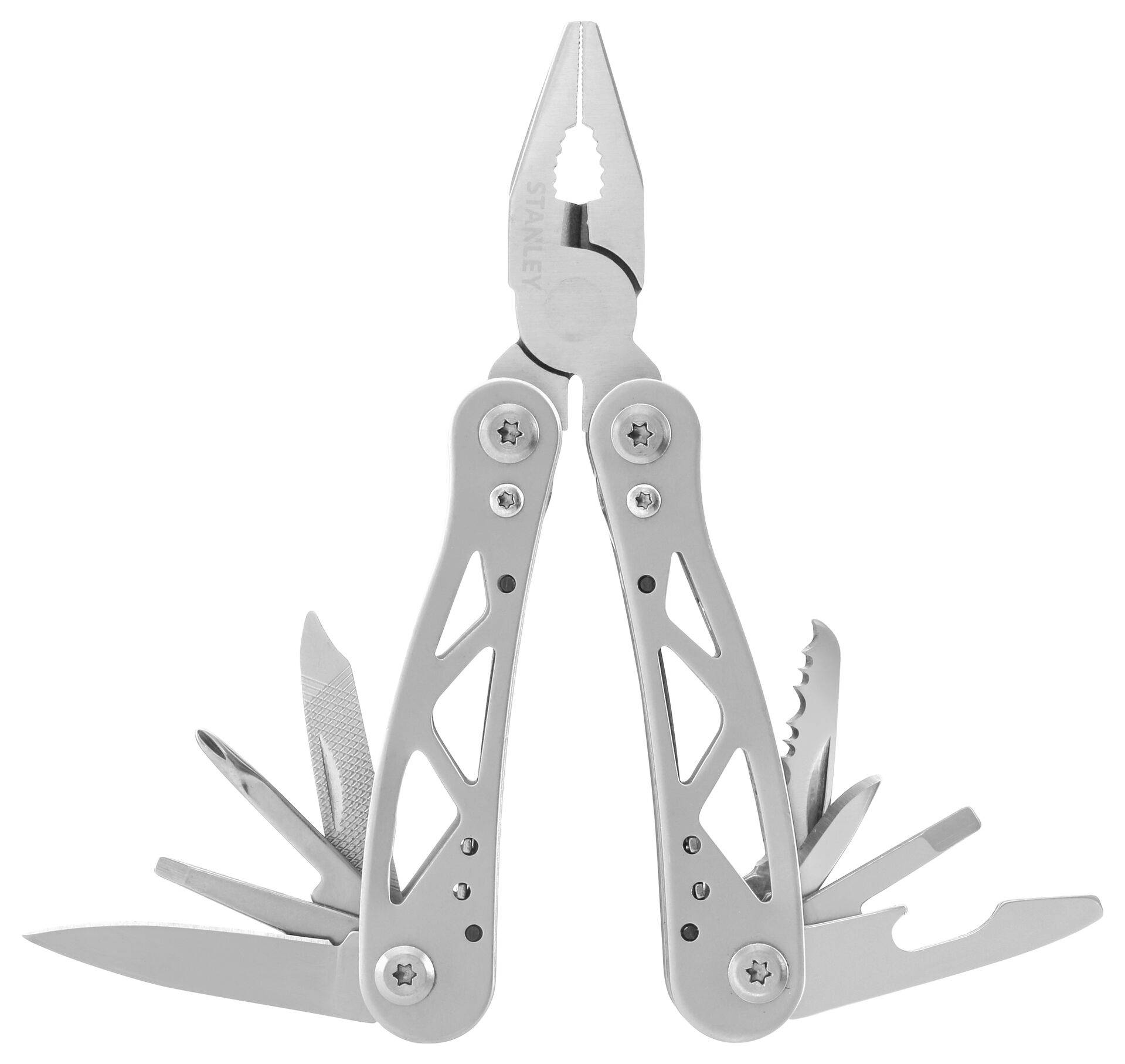 Silbernes Multitool mit Zange, Messer, Säge und weiteren Werkzeugen, geöffnet und einsatzbereit, auf weißem Hintergrund.